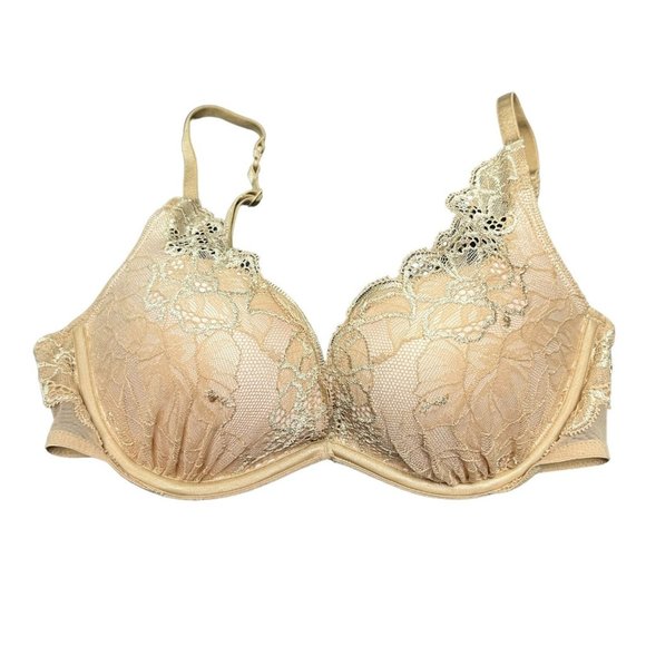 VTG Victorias Secret‎ Plunge Bra Silver Label 34C Lace Beige Padded Underwire - Picture 1 of 8